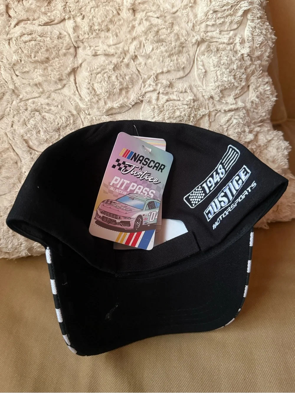 Nascar Kids Black Cap with Checkered Brim and Mint Patch